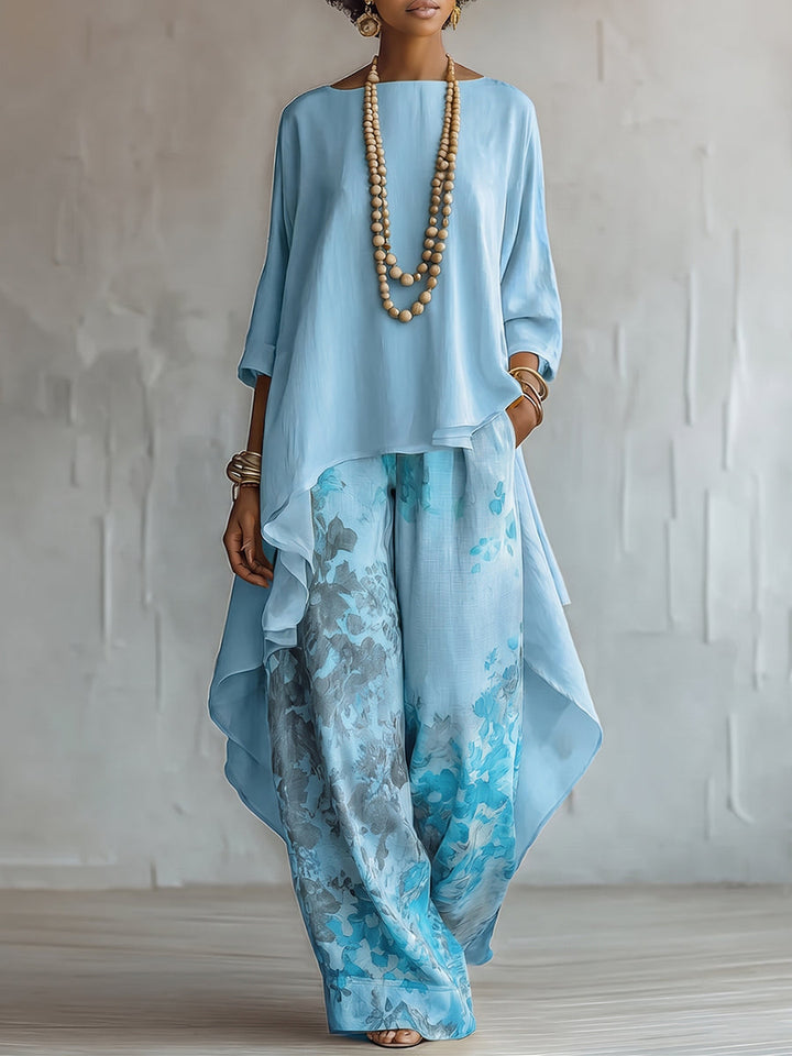 Isabella | Chiffon Asymmetrical Top & Floral Wide-Leg Pants Set