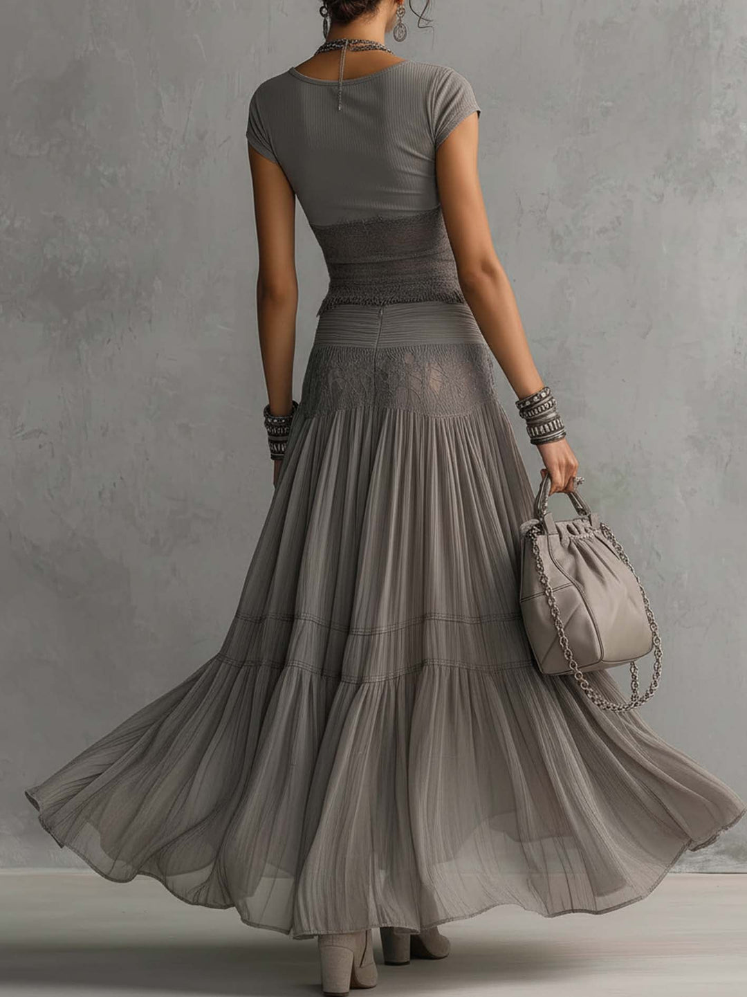 Simone | Sheer Lace-Panel Top & Pleated Chiffon Maxi Skirt Set