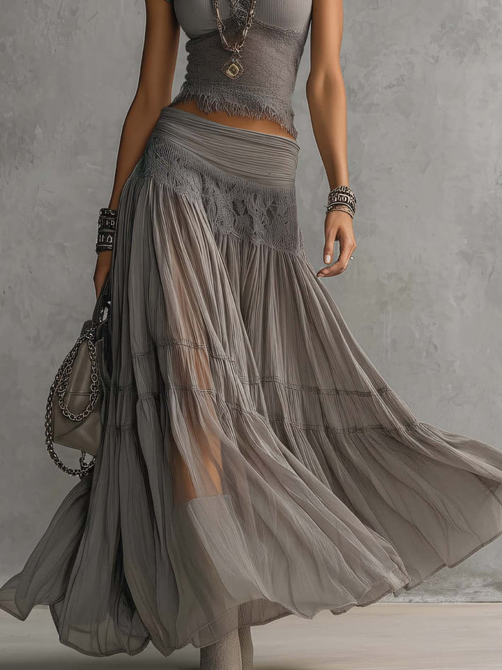 Simone | Sheer Lace-Panel Top & Pleated Chiffon Maxi Skirt Set