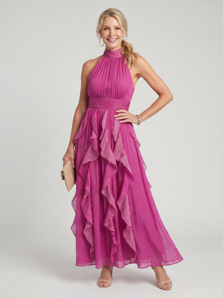 Orea™ High Neck Gathered Ruffle Layers Maxi Dress