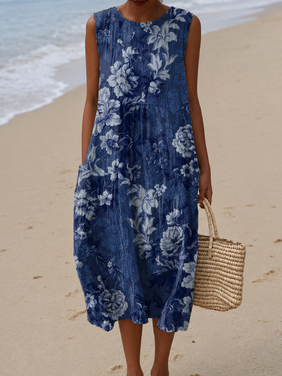 Sadie | Beach Print Sleeveless Midi Dress