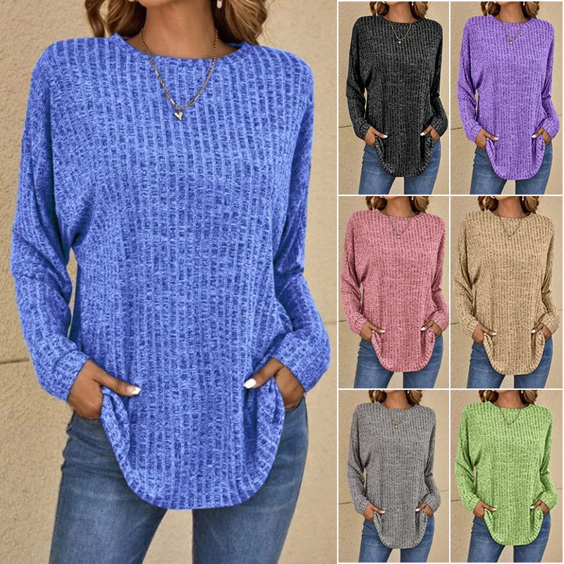 🌸Casual Long Sleeve Knit Sweater Soft Cotton Blend, Loose Fit & Multiple Colors!