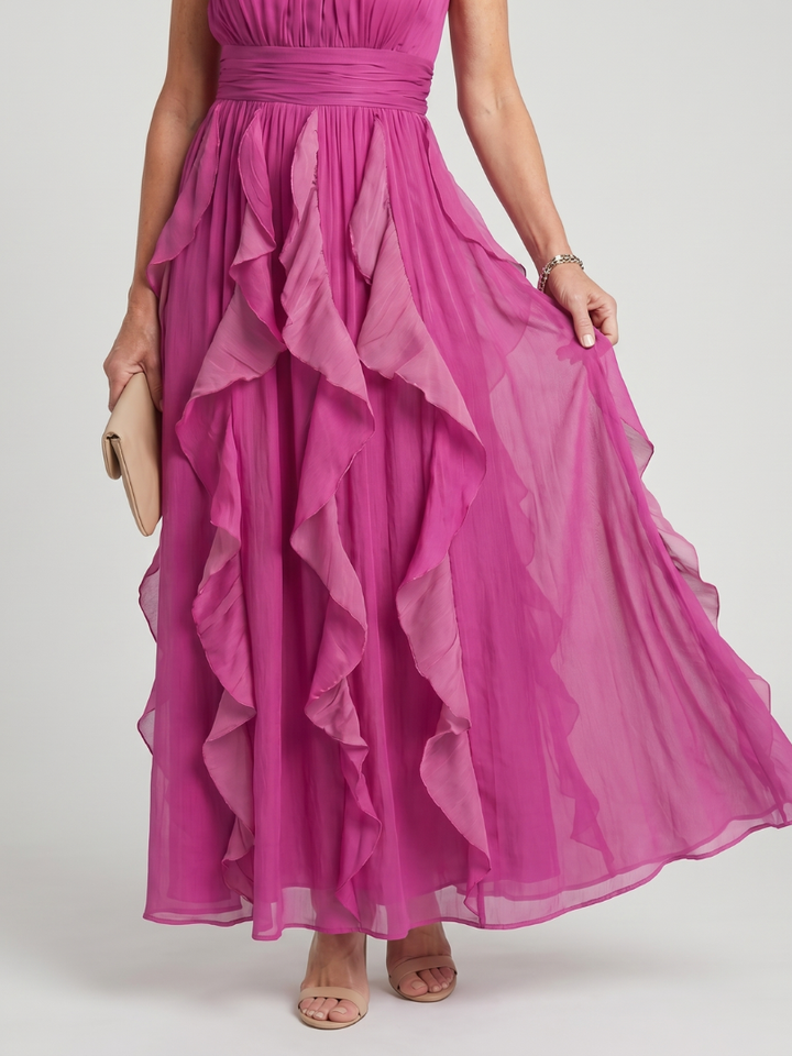 Orea™ High Neck Gathered Ruffle Layers Maxi Dress