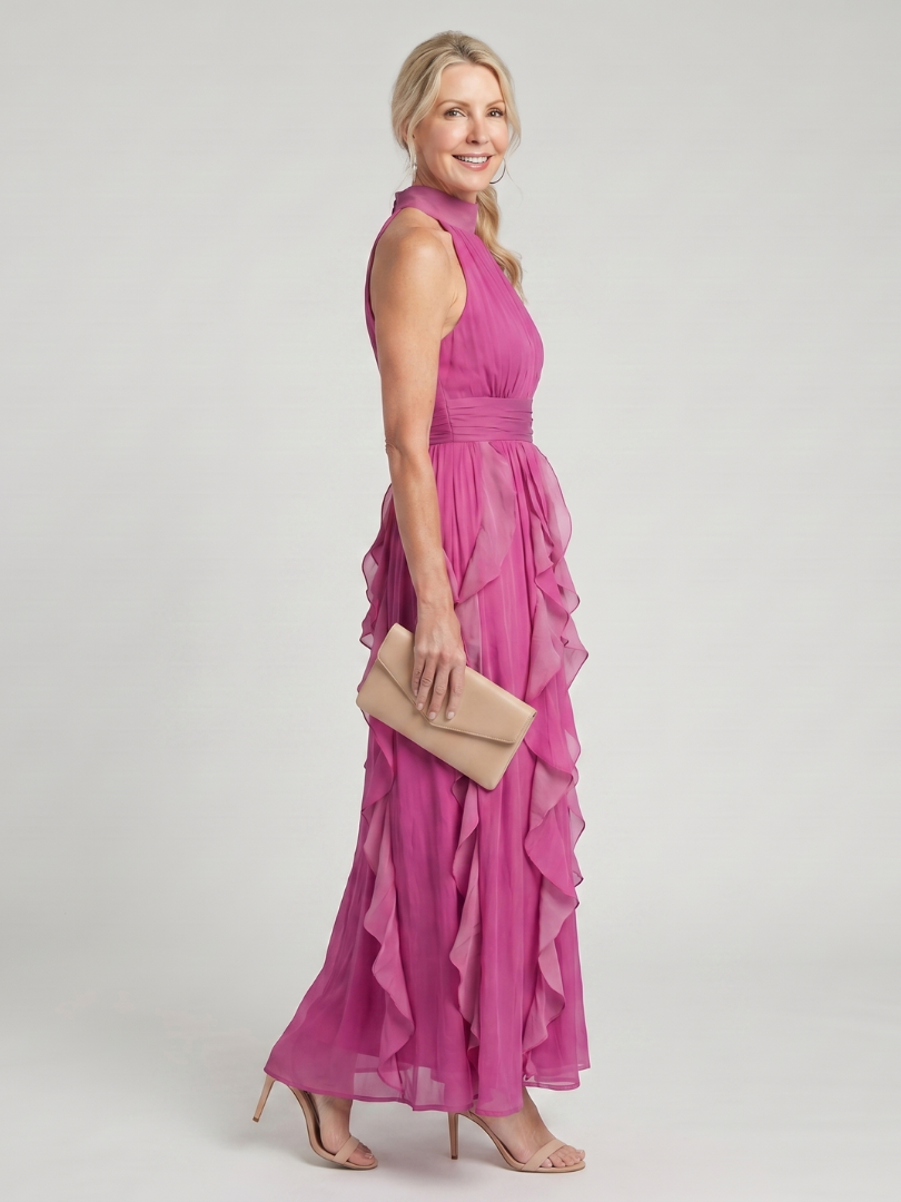 Orea™ High Neck Gathered Ruffle Layers Maxi Dress