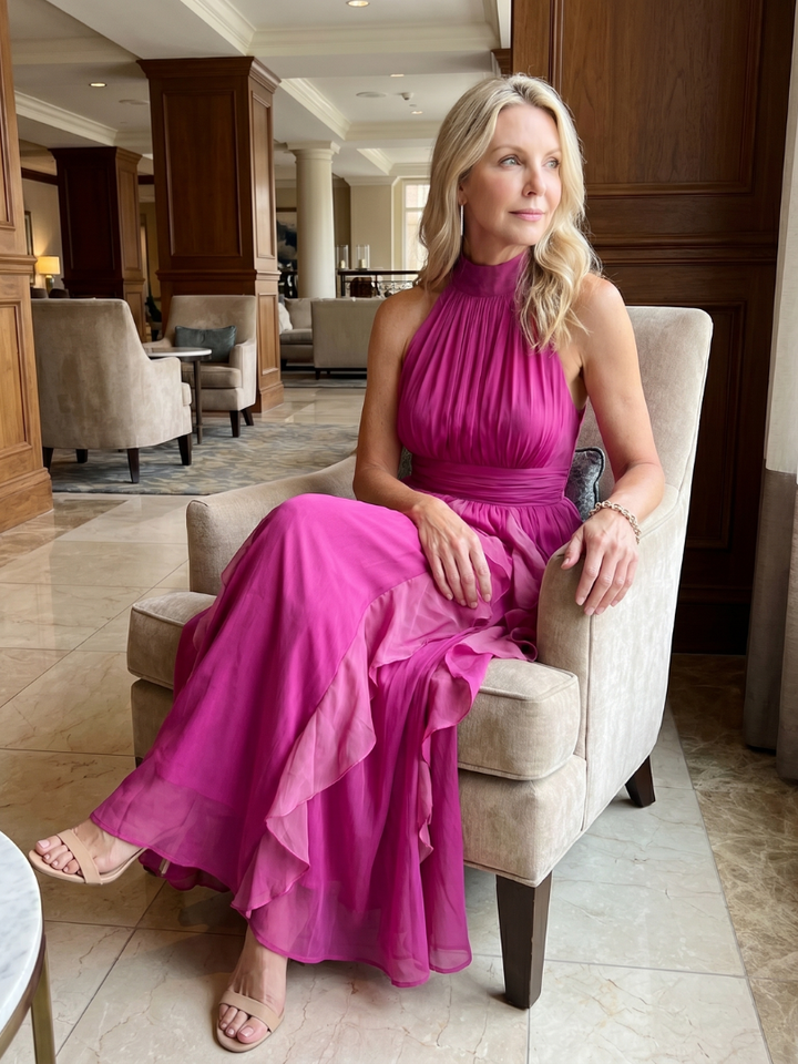 Orea™ High Neck Gathered Ruffle Layers Maxi Dress