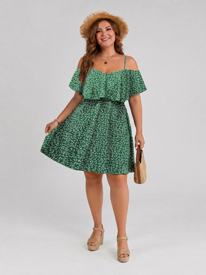 Novom | Cold Shoulder Ruffle Overlay Knee Length Dress