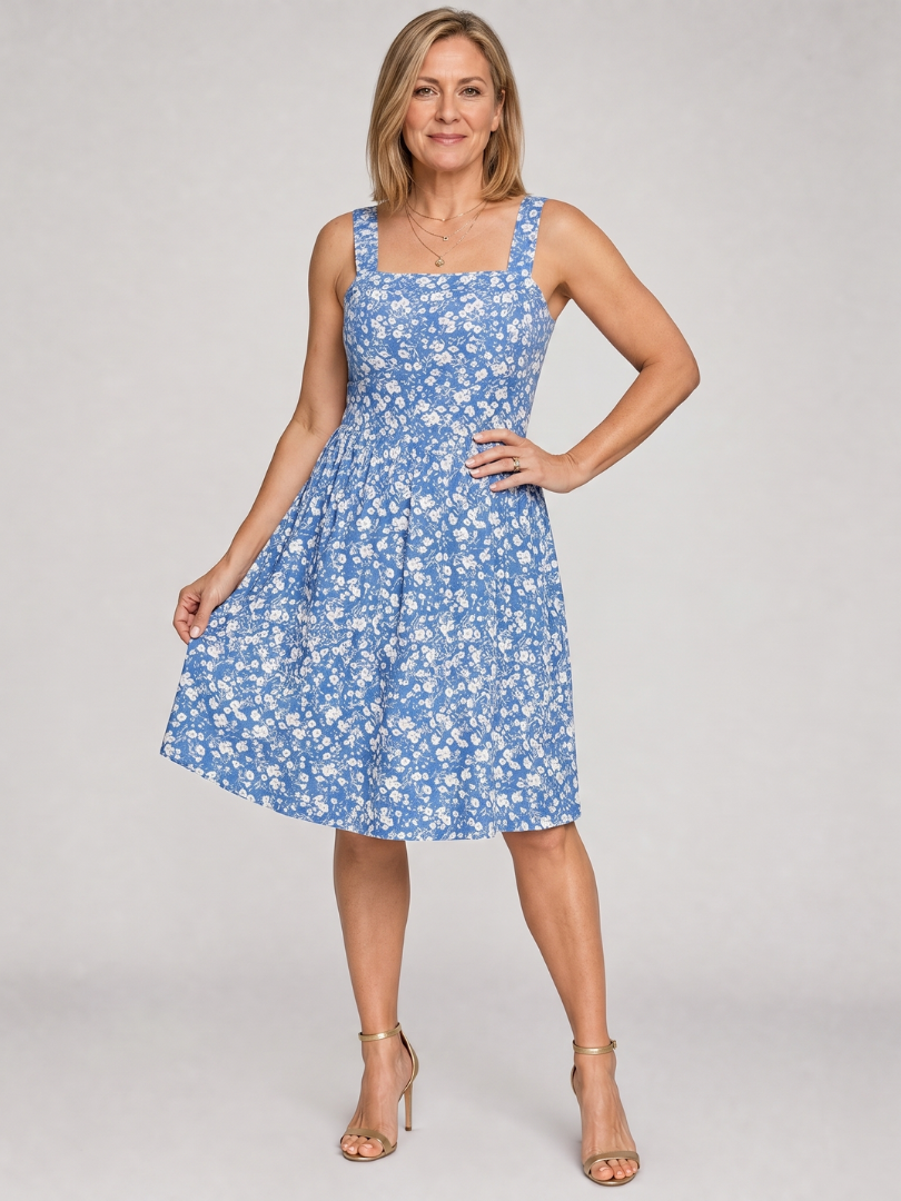 Leneva | Square Neck Floral Print Knee Length Dress