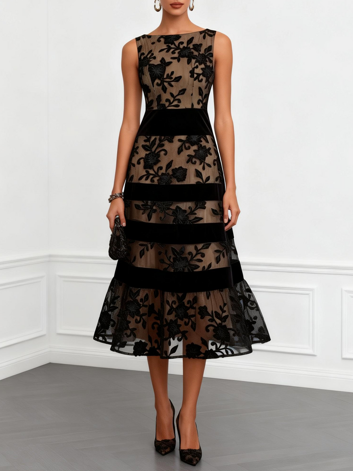 Norah | Black Mesh Floral Sleeveless Midi Dress