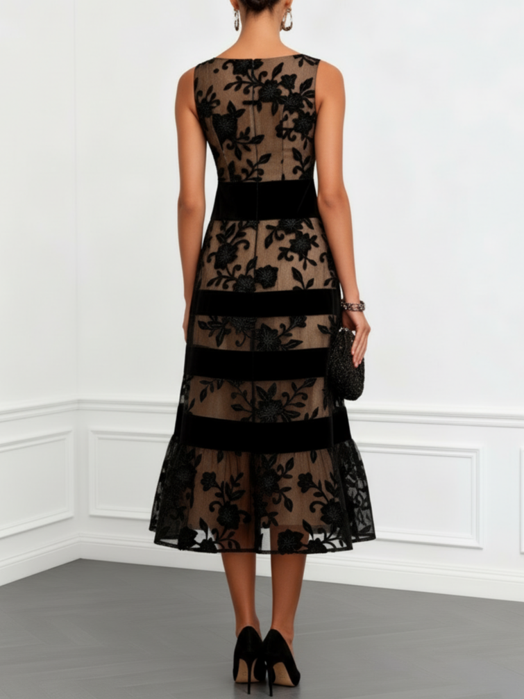 Norah | Black Mesh Floral Sleeveless Midi Dress