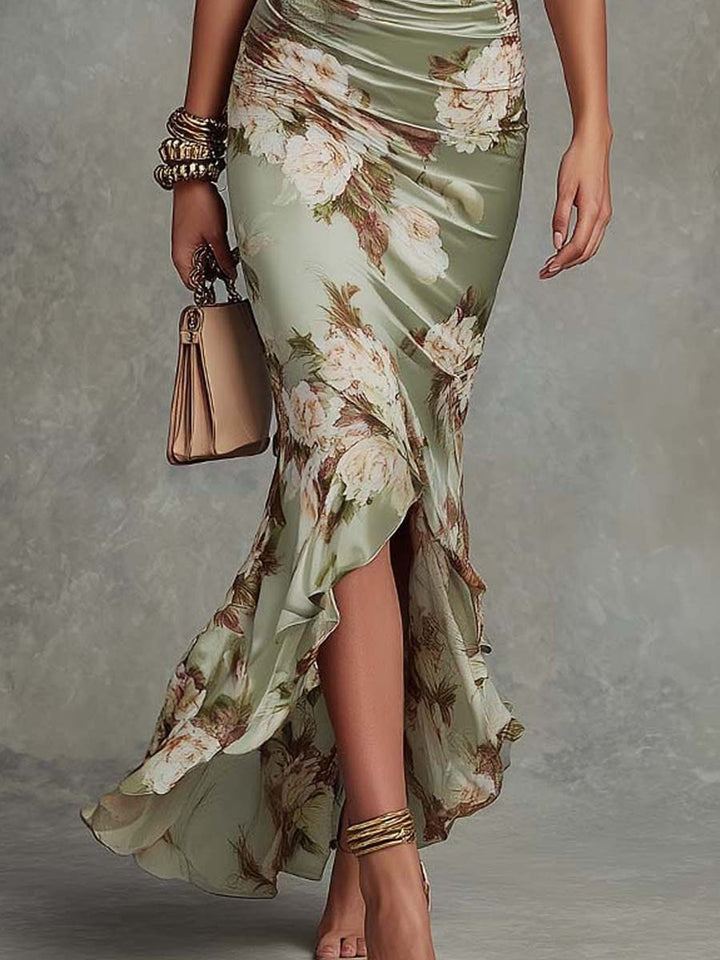 Anna – Asymmetric Green Satin Maxi Dress with V-Neck, Ruched Bell Sleeves and Floral Print