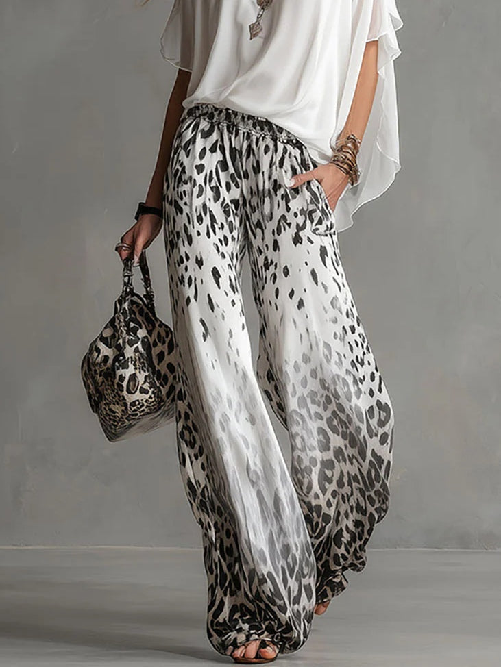 Monica | Boat-Neck T-Shirt & Gradient Leopard Chiffon Pants Set