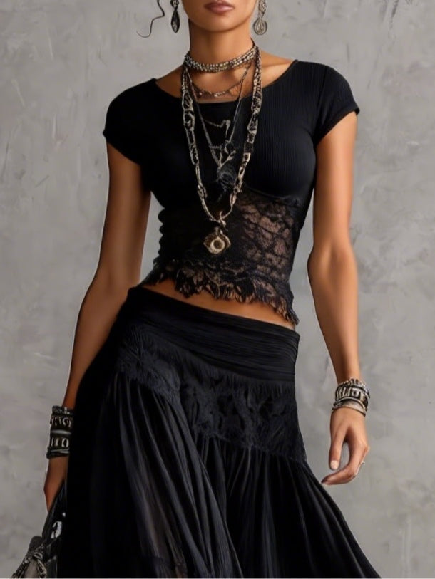 Maya | Lace-Paneled Top & Pleated Chiffon Maxi Skirt